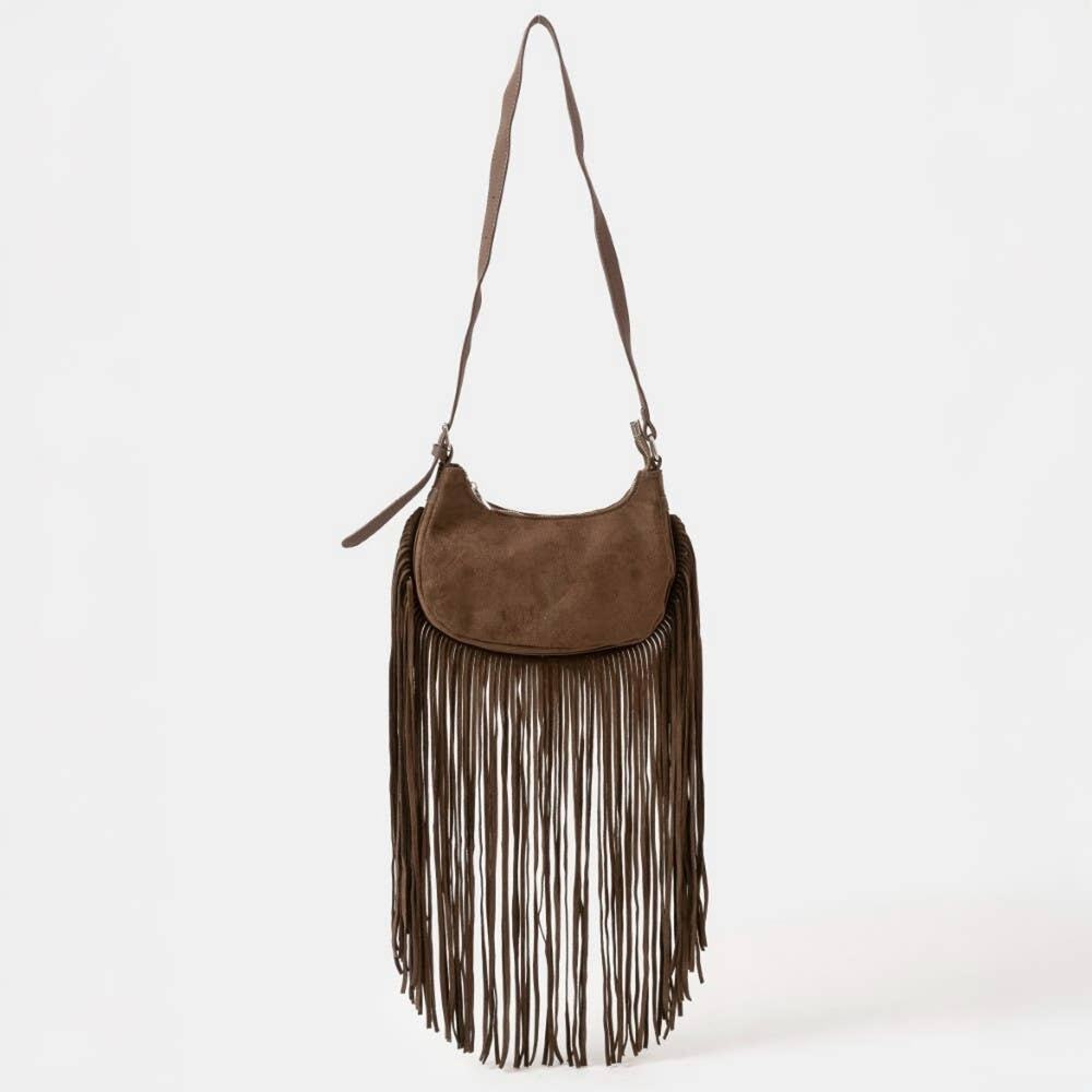 Dark Brown Vegan Suede Fringe Crossbody Bag